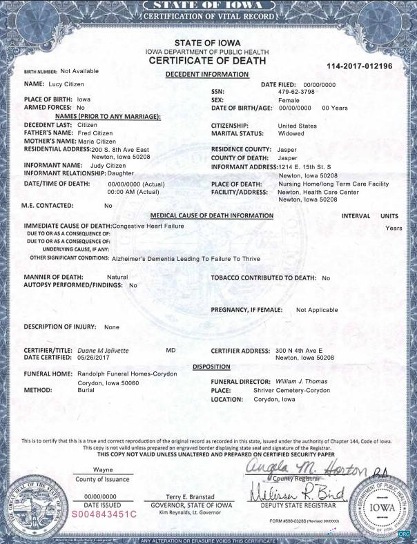 Download USA Iowa state death certificate template in PSD format Photoshop template